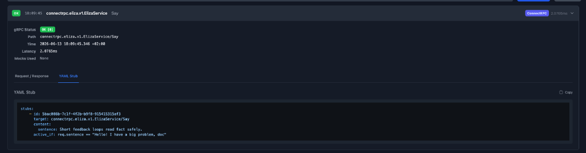 Viewing the FauxRPC request log history and copying a pre-generated stub