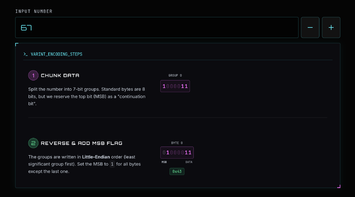 The Varint Explainer widget showing a live bit-level decimal to binary conversion