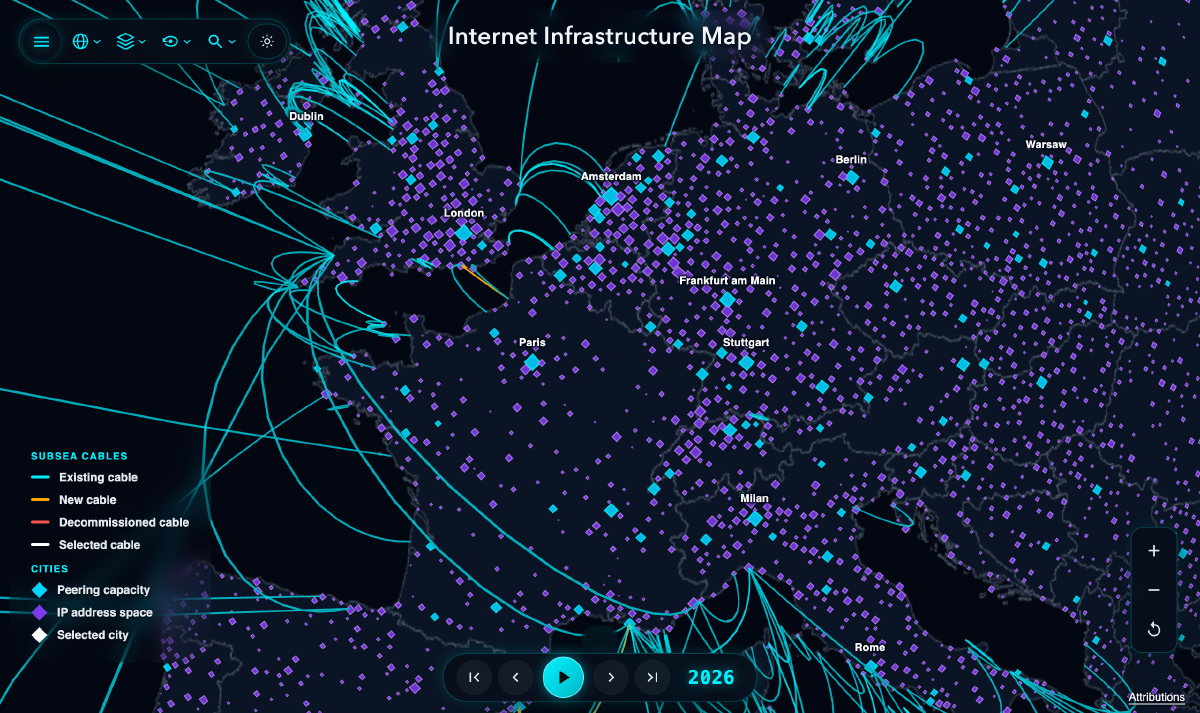 Zoomed-in view of Western Europe showing city labels and BGP cities