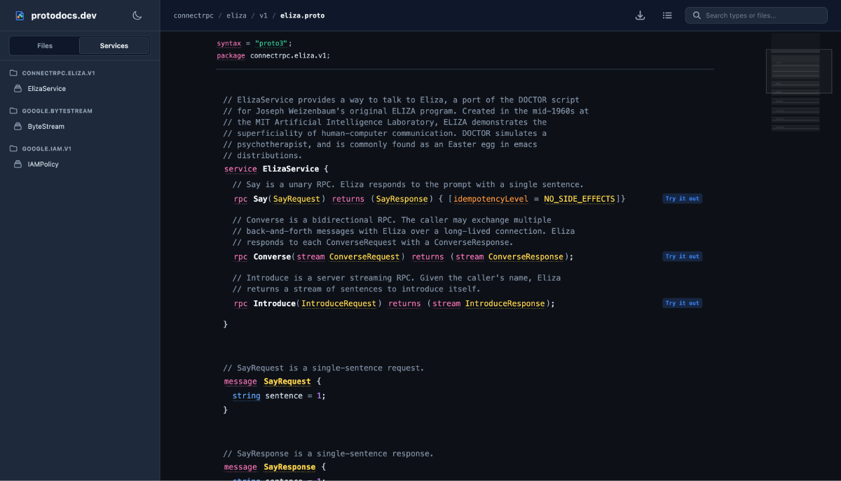 A screenshot of the ProtoDocs interface showing protobuf files, services, messages, and RPC calls.