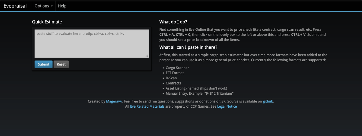 Evepraisal homepage in 2013