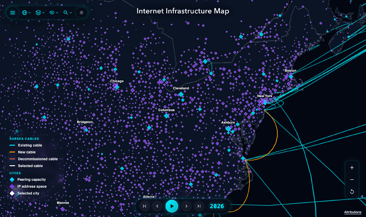 Blue IXP cities and purple BGP-only cities on map.kmcd.dev
